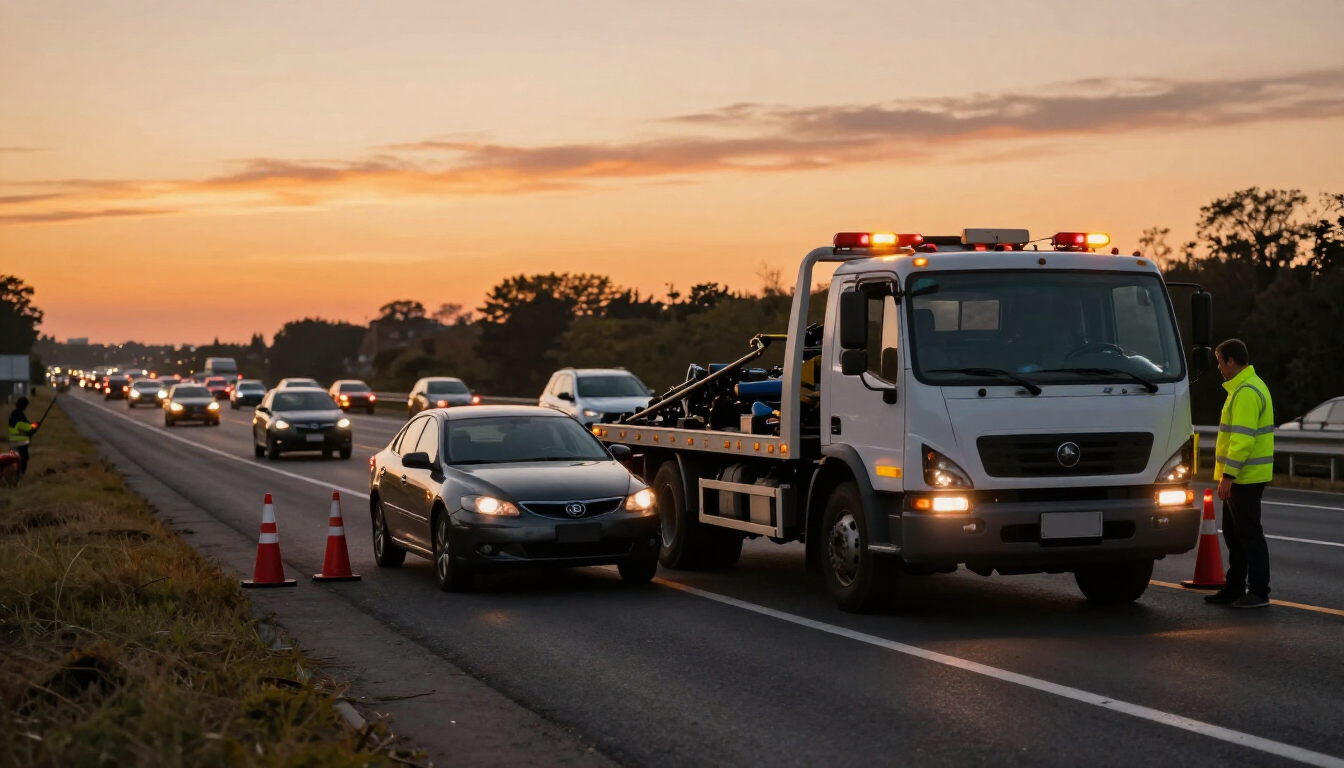 Tow truck and traffic cones on a highway at sunset, with cars passing and a worker in a safety vest