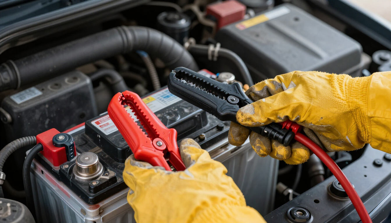Technician Jump Starting Car
