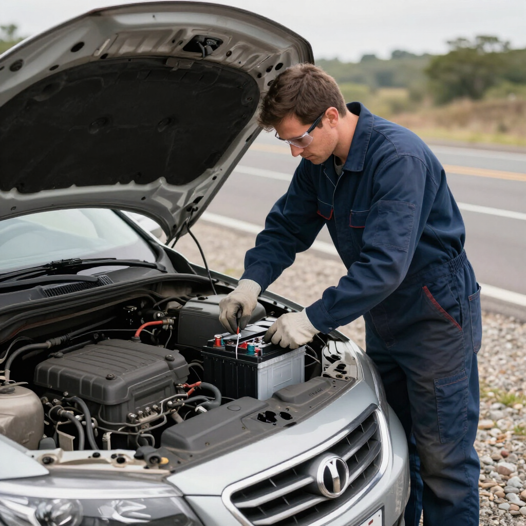 Mechanic replacing a car battery under the hood