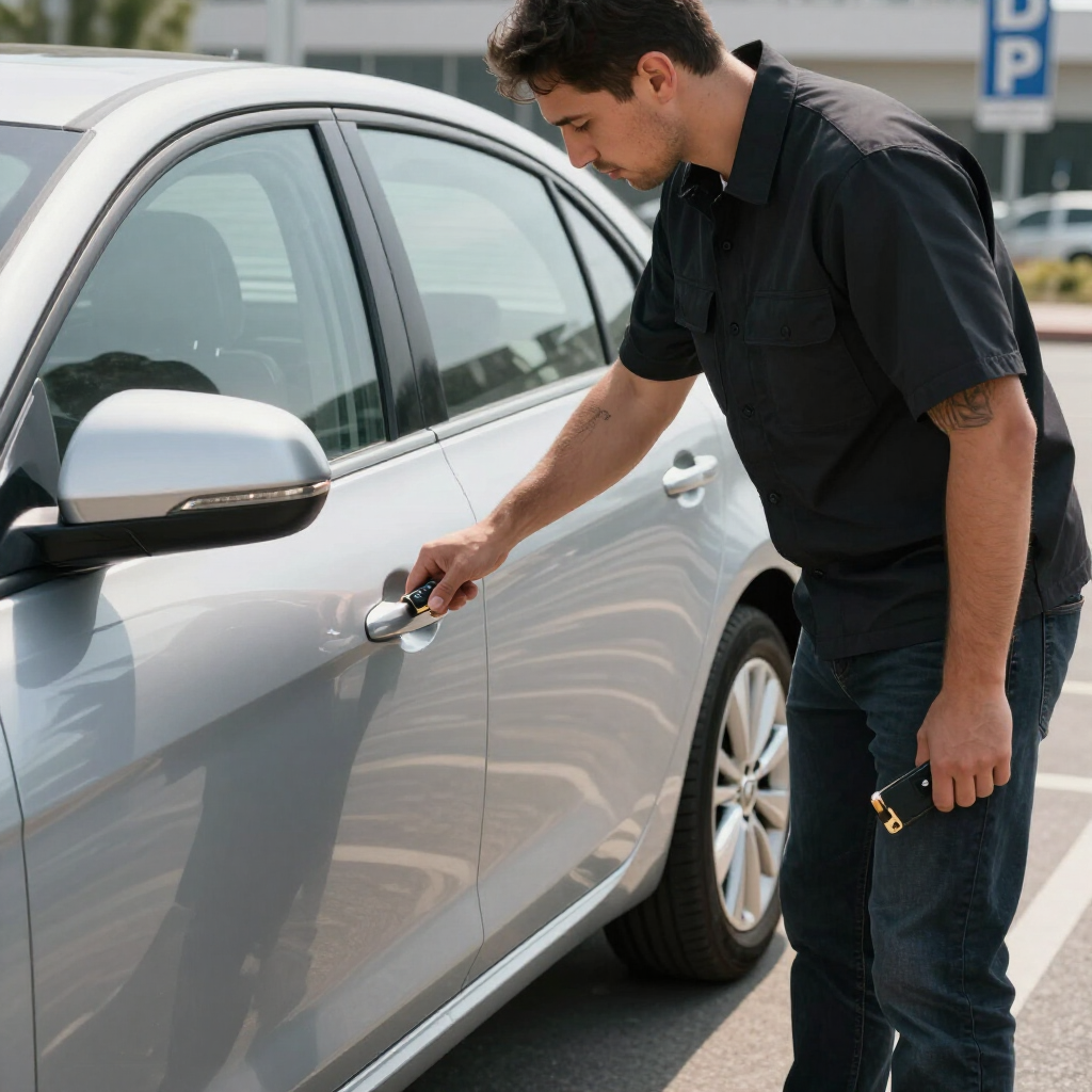 Man opening the door of a silver car in a parking lot