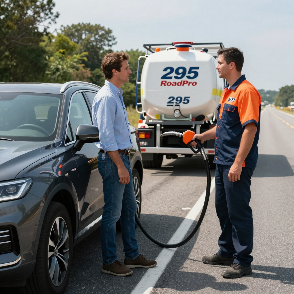Tow truck driver refuels a black SUV beside a RoadPro fuel truck on a roadside