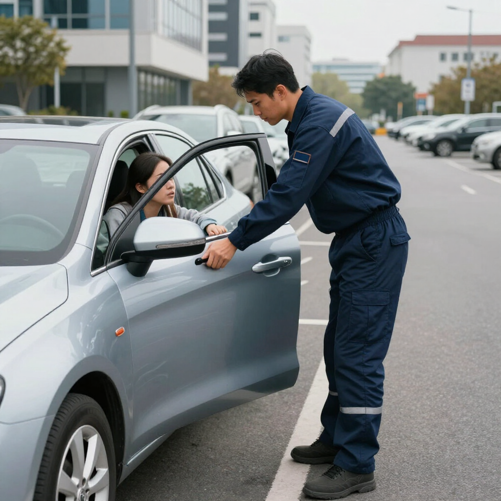 Police officer speaking to driver in silver car on a city street