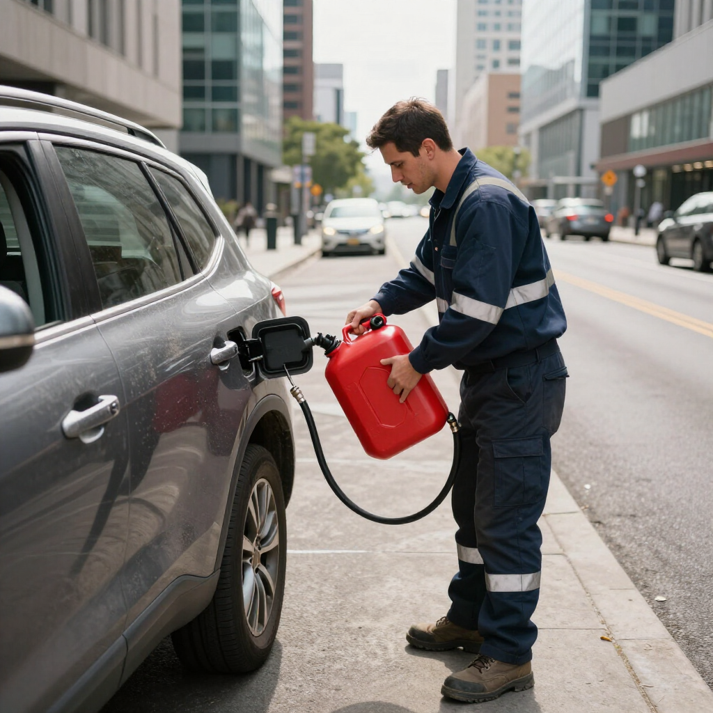 Worker fueling a gray car with a red fuel can on a city street