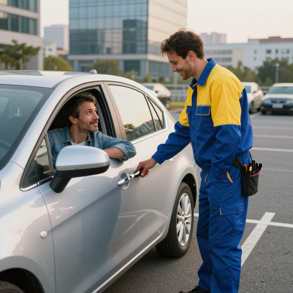 Mechanic in blue coveralls talks with a driver at a silver car in a parking lot.