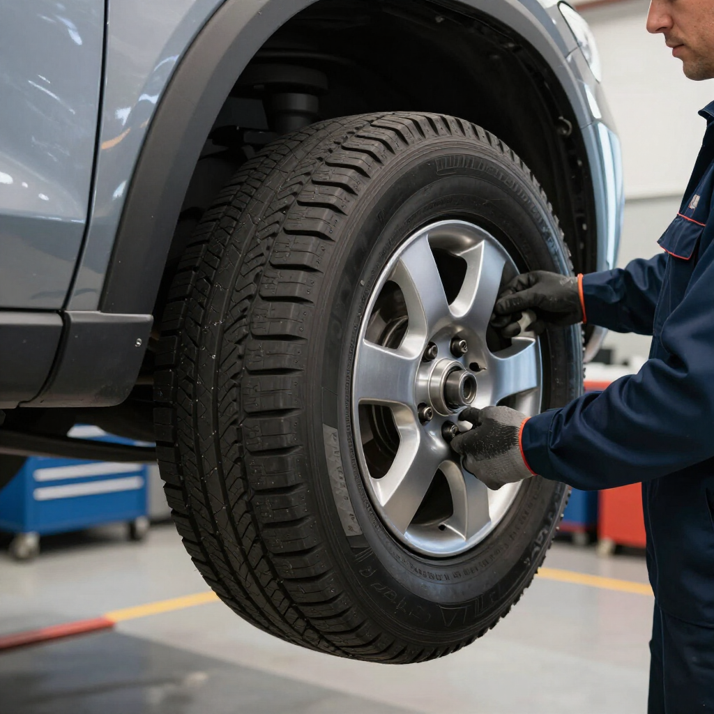 Mechanic tightening lug nuts on a car wheel in a garage