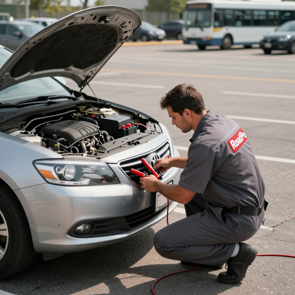 Mechanic crouches by a silver car with open hood, using jumper cables in a parking lot.