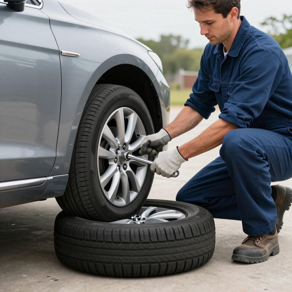 Mechanic kneeling by a gray car, changing a tire beside a spare wheel on the ground