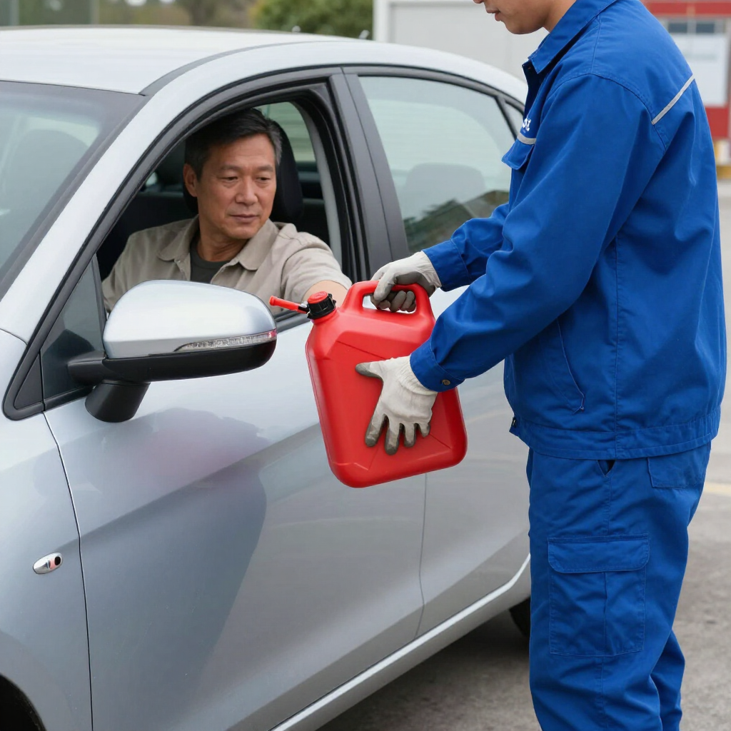 Blue-uniformed worker refueling a silver car while the driver waits inside the window.
