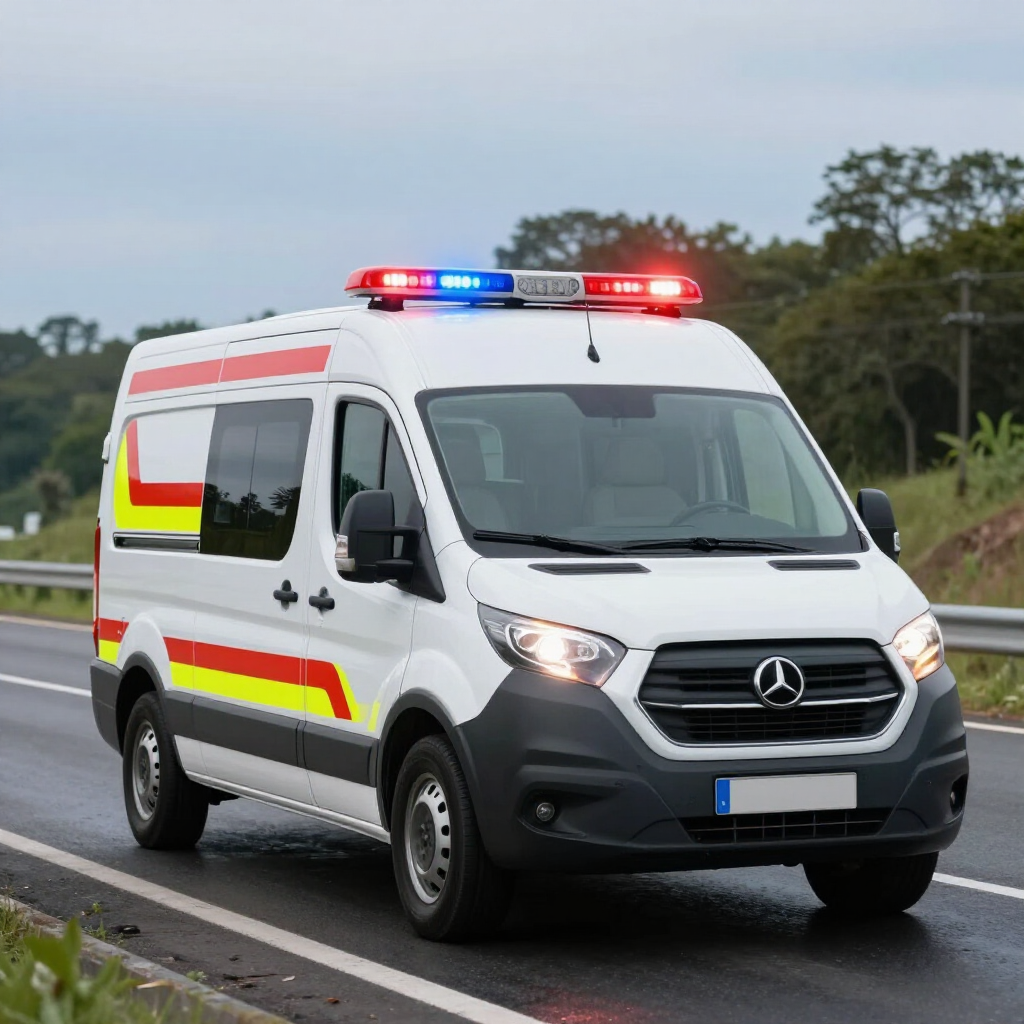 White Mercedes ambulance with flashing lights driving on a wet road outdoors