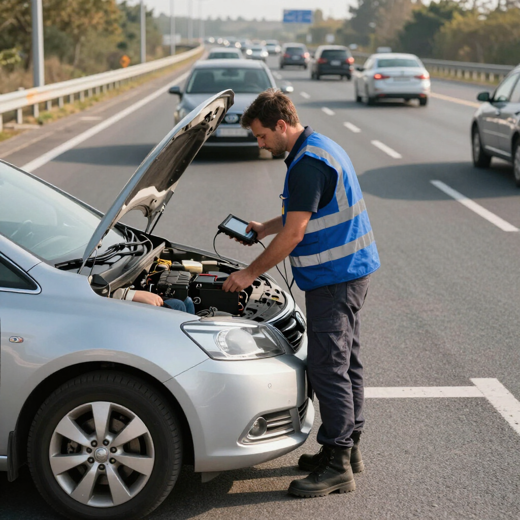 Driver examining a silver car with open hood on a roadside