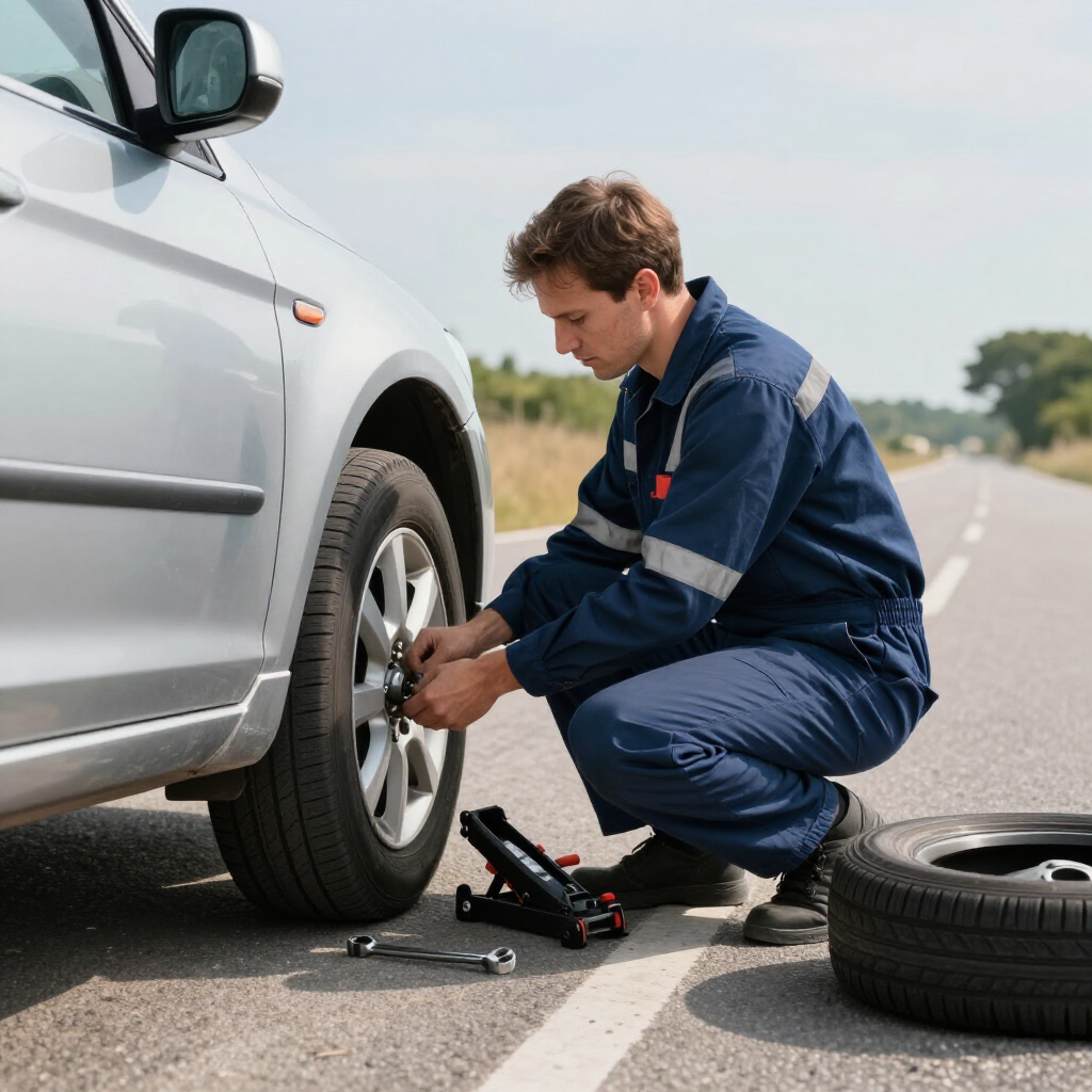 Driver kneeling by a silver car, changing a flat tire on the roadside with tools nearby.