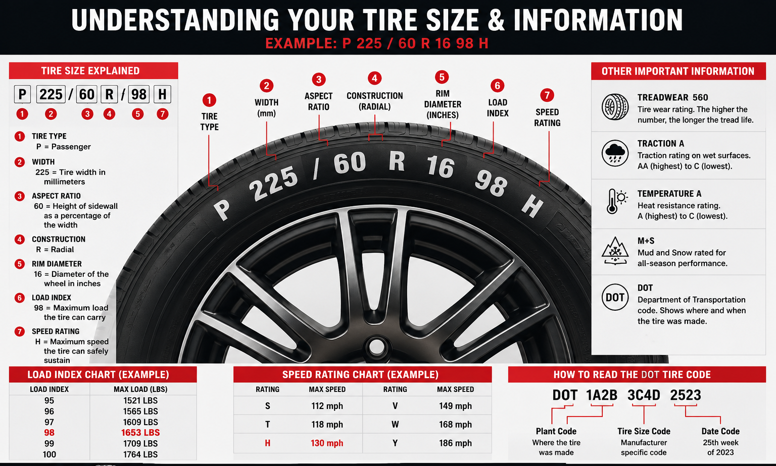 Infographic showing tire size markings and how to read a tire sidewall on a wheel.