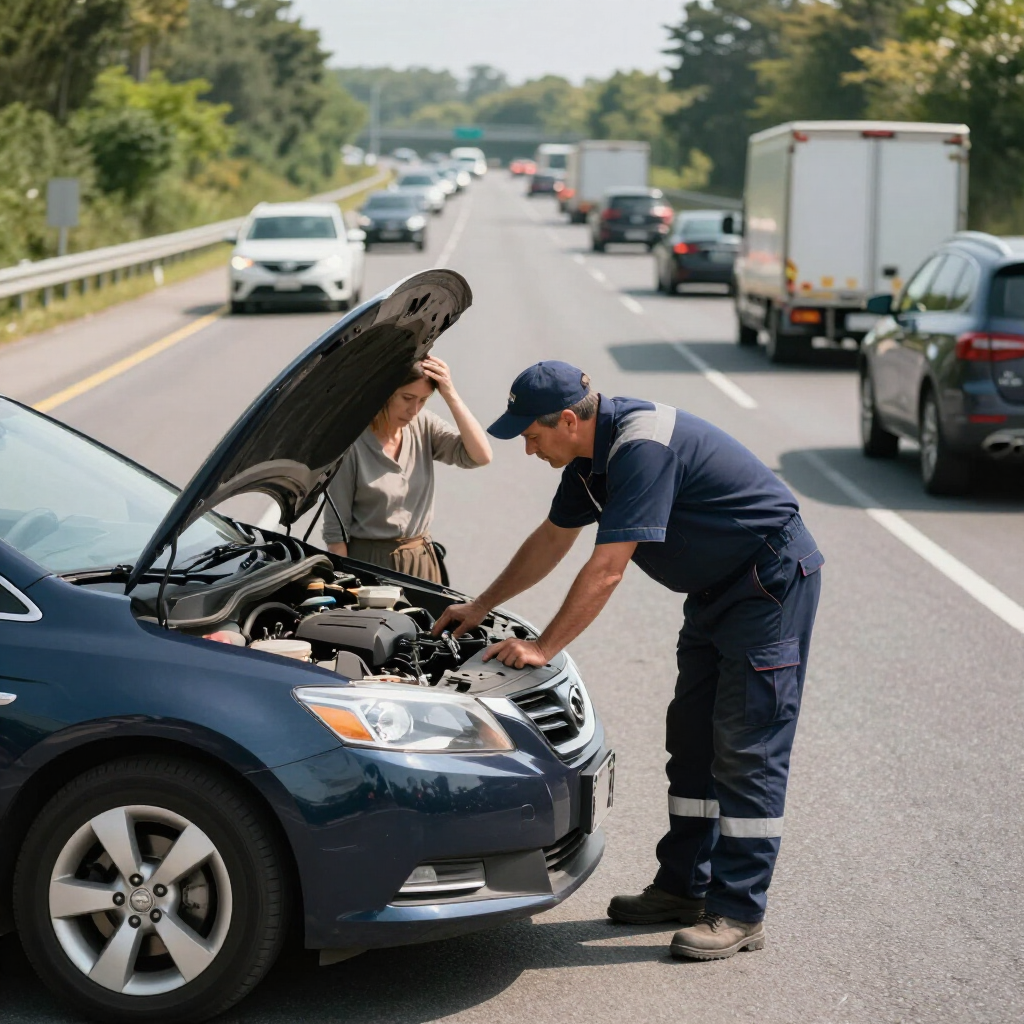 Police officer inspecting a broken-down car on the roadside while the driver watches with the hood open