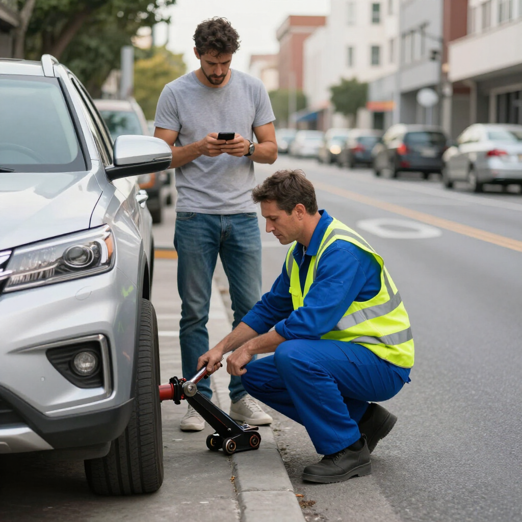 Roadside worker in blue and yellow vest using a jack to lift a silver SUV while a man checks his phone nearby