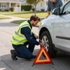 Roadside worker kneels by a silver car wheel, using a jack beside a warning triangle.