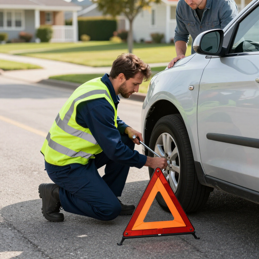 Roadside assistance worker kneeling beside a silver car, changing a tire with an orange warning triangle nearby.