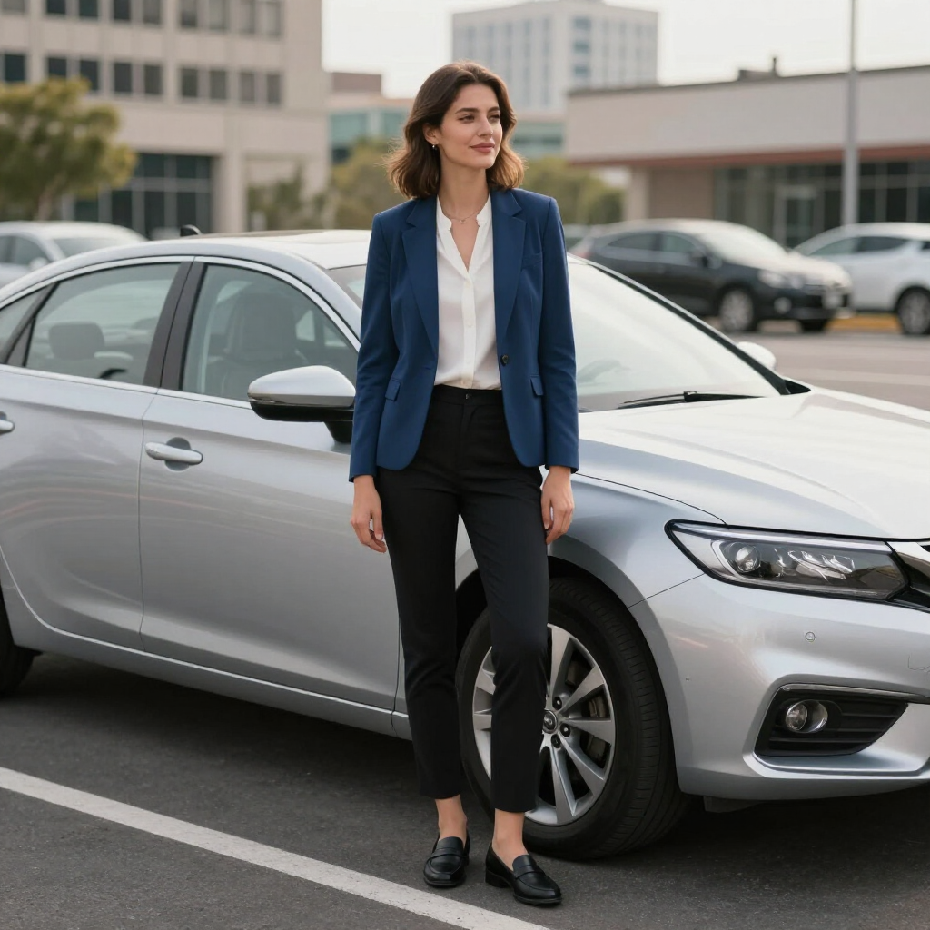 Woman standing beside a silver sedan in a parking lot, wearing a blue blazer and black pants.