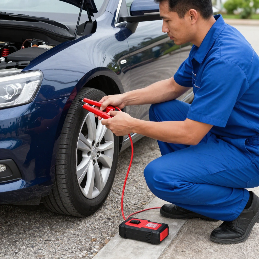 Mechanic in blue coveralls using jumper cables on a blue car’s battery