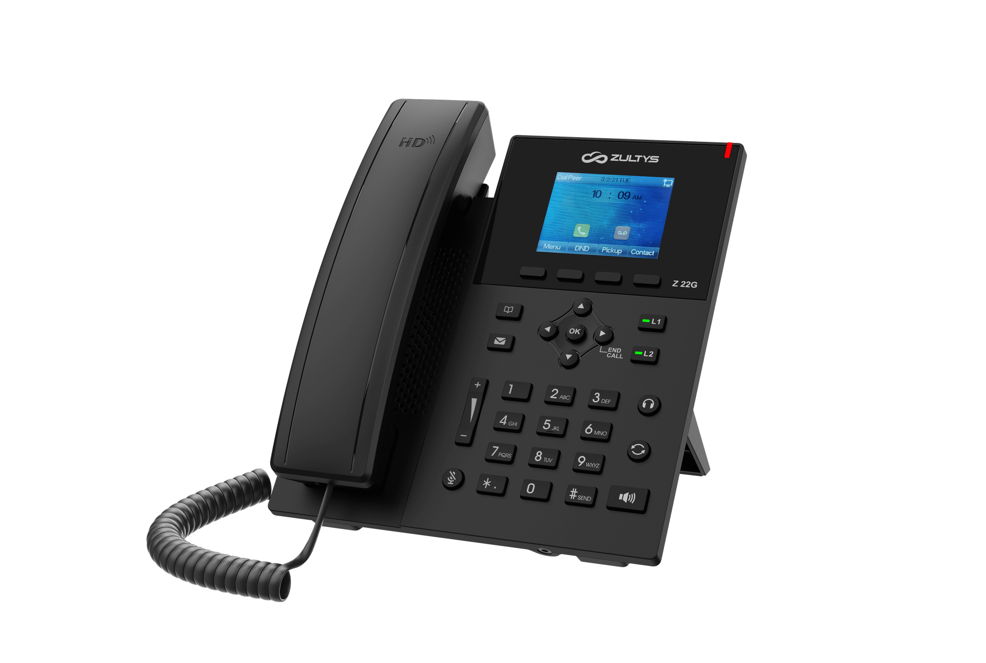 A Zultys black telephone with a cord is on a white background.