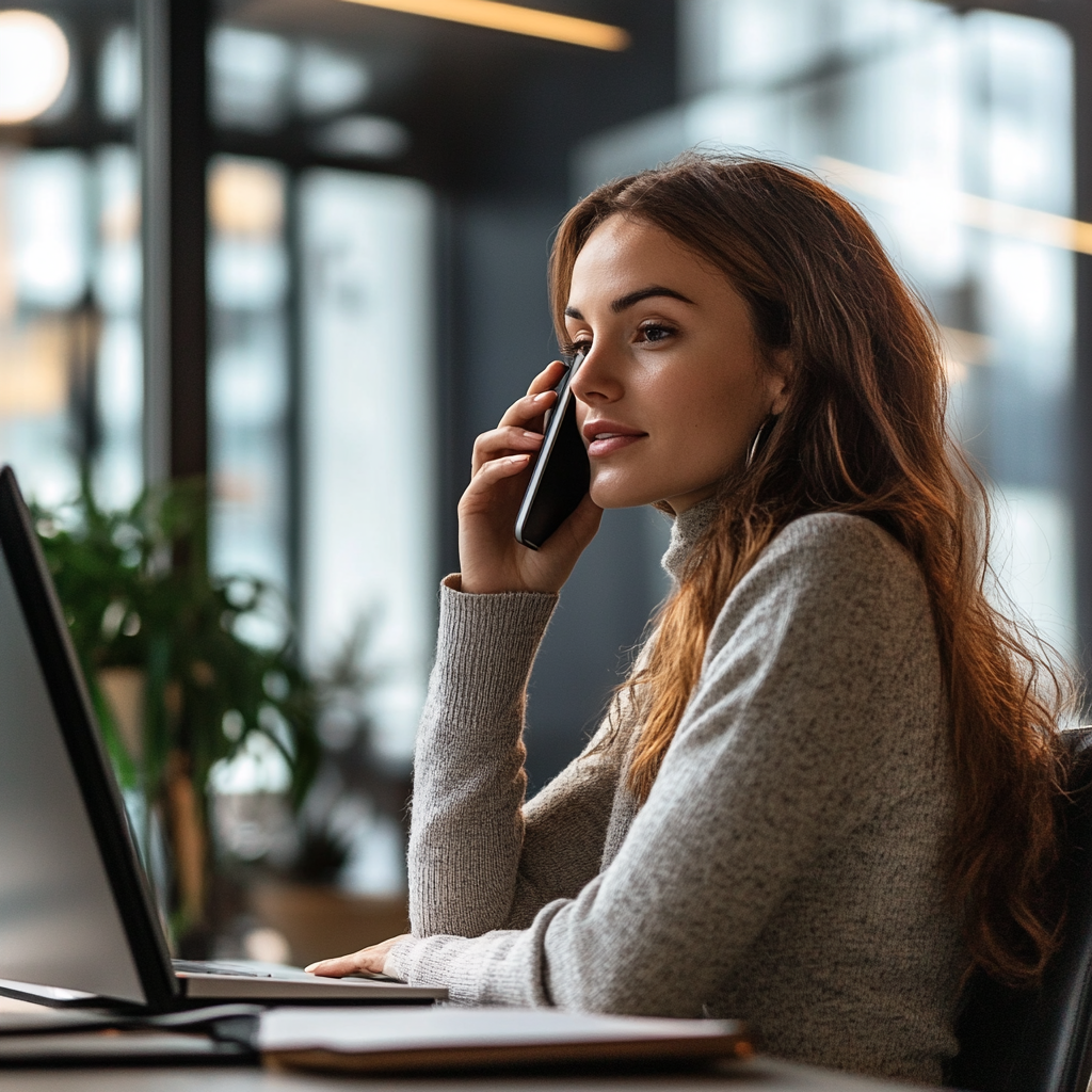 A woman is talking on a cell phone while sitting in front of a laptop computer.