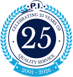 A circular blue and white anniversary emblem reading
