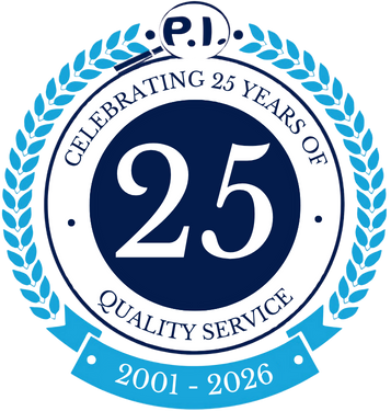 A circular blue and white anniversary emblem reading 