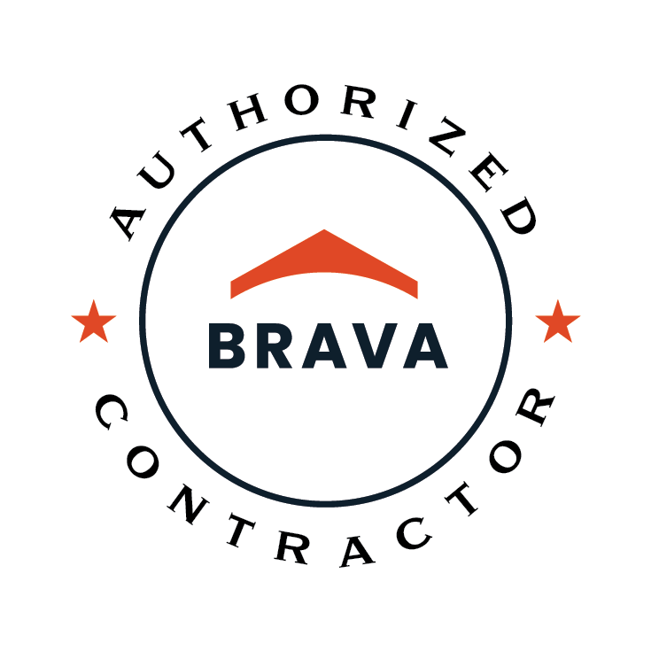 A circular badge featuring the orange Brava roof logo and the text