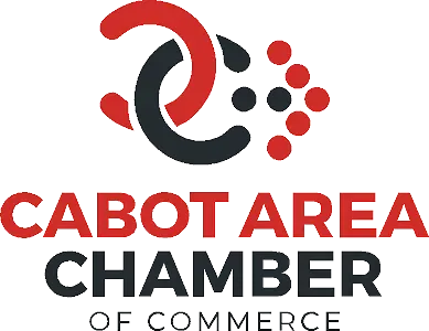 Logo of the Cabot Area Chamber of Commerce featuring an abstract red and black circular icon with red dots.