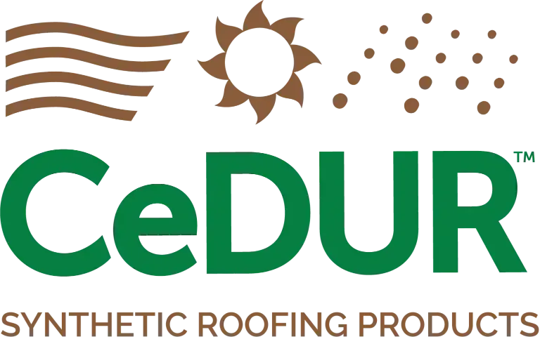 Logo for CeDUR Synthetic Roofing Products featuring brown icons of waves, a sun, and rain above the green company name.