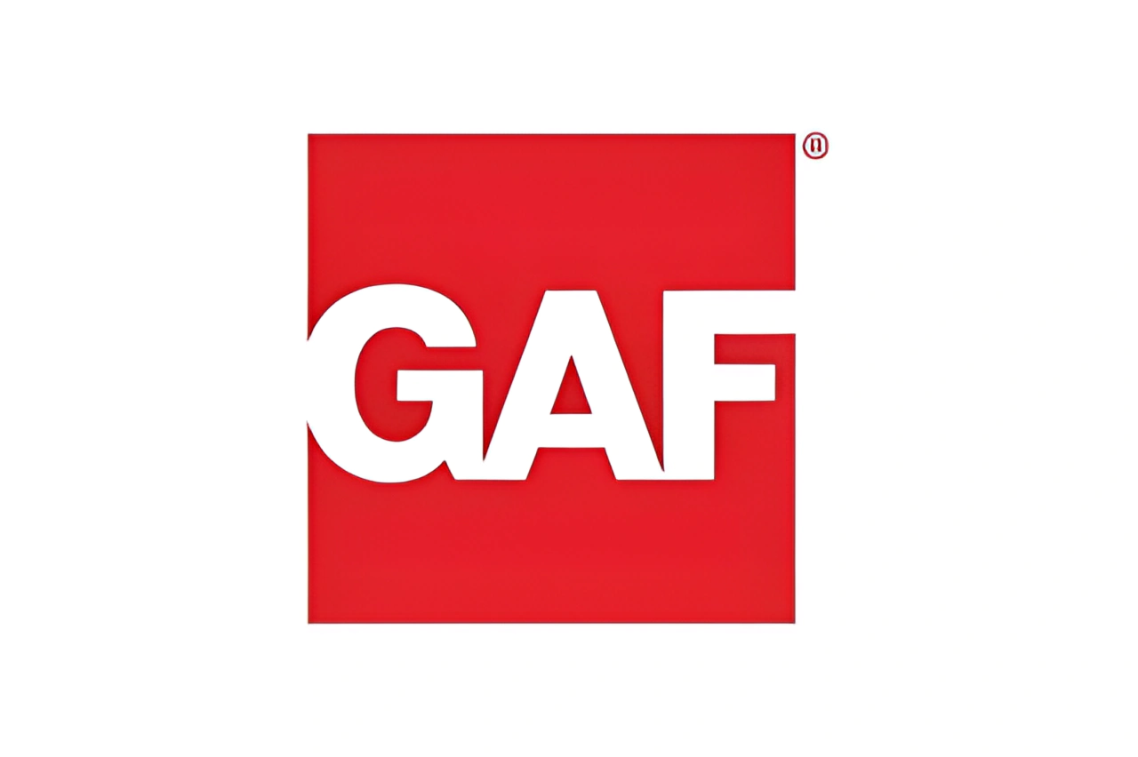 The GAF company logo, featuring white, bold capital letters on a solid red square background.
