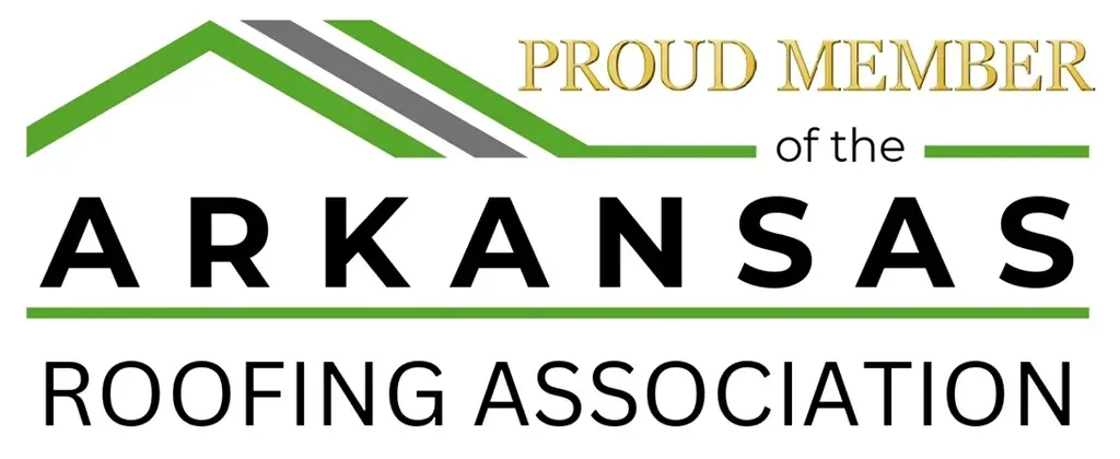 Logo for the Arkansas Roofing Association, featuring a green roof icon above bold black text.