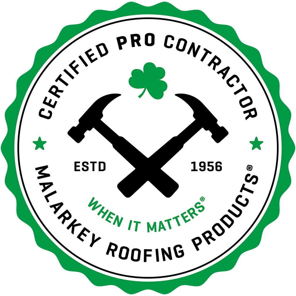 Malarkey Roofing Products green and white circular certified pro contractor seal featuring crossed hammers and a clover.