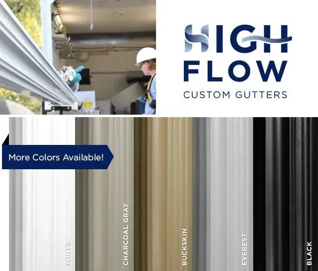 High Flow Custom Gutters logo with a worker installing a gutter and a display of available color samples.