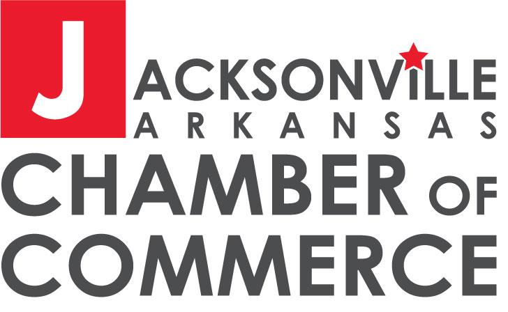 Logo for the Jacksonville, Arkansas Chamber of Commerce with a white J on a red square and a red star above the text.