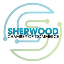Logo for the Sherwood Chamber of Commerce featuring an S-shaped design made of blue and green lines.