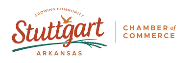 Logo for the Stuttgart, Arkansas Chamber of Commerce with a stylized bird icon and rice stalk imagery.