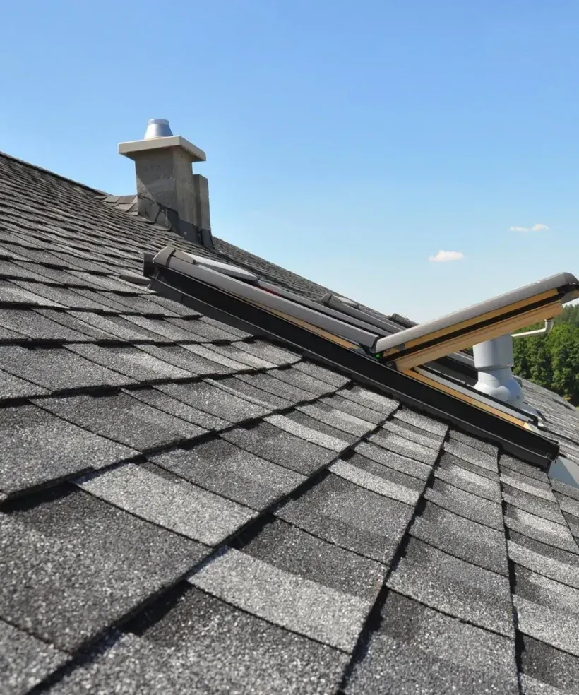 A grey asphalt shingle roof under a clear blue sky, featuring a chimney and an open skylight window.