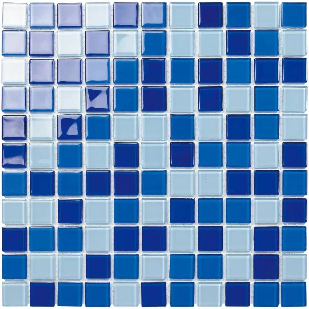Blue and white square mosaic tile pattern.