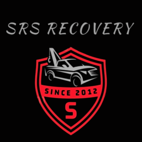 SRS Recovery logo with red shield, tow truck, and &ldquo;Since 2012&rdquo; on black background