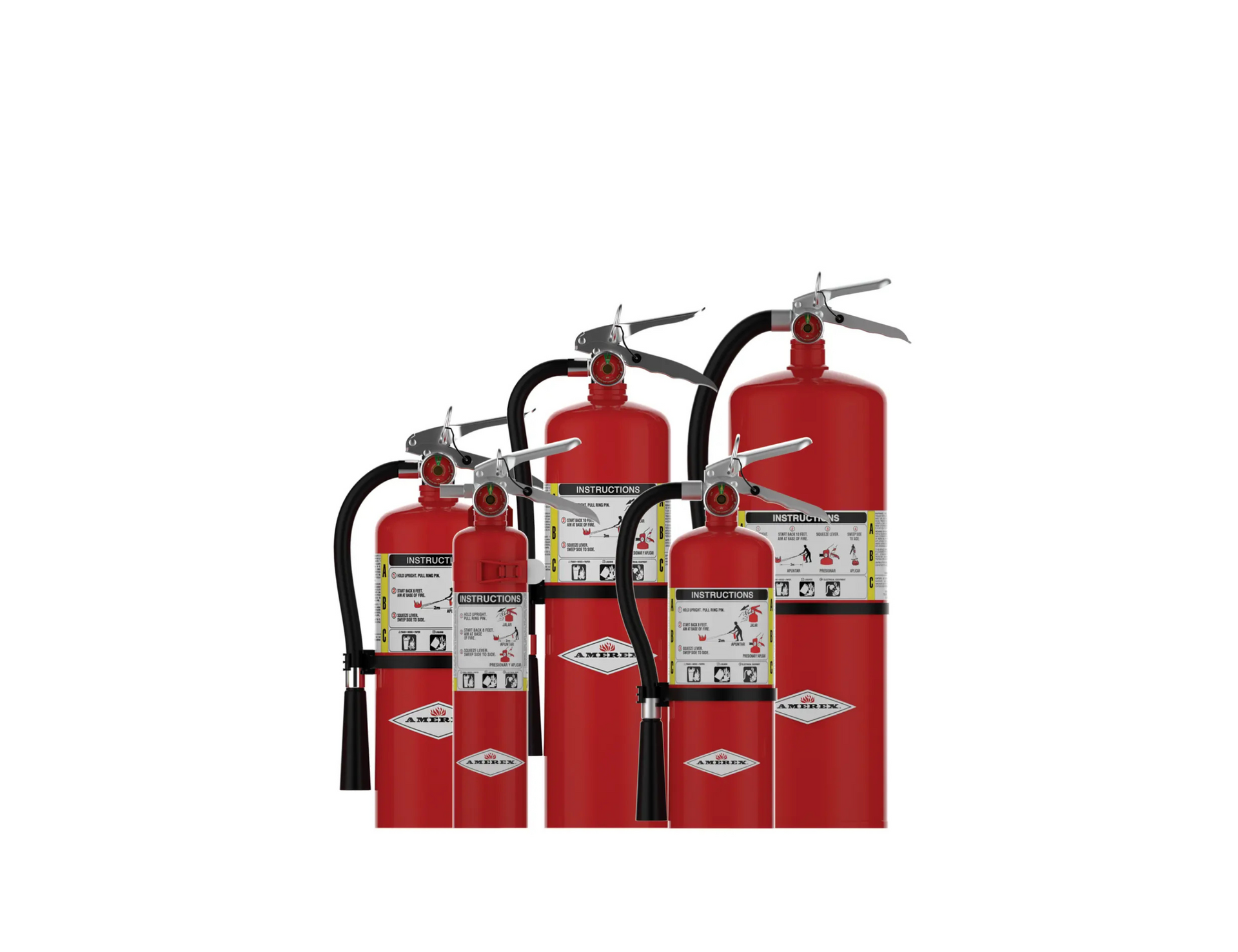Five red fire extinguishers of varying sizes grouped together on a white background