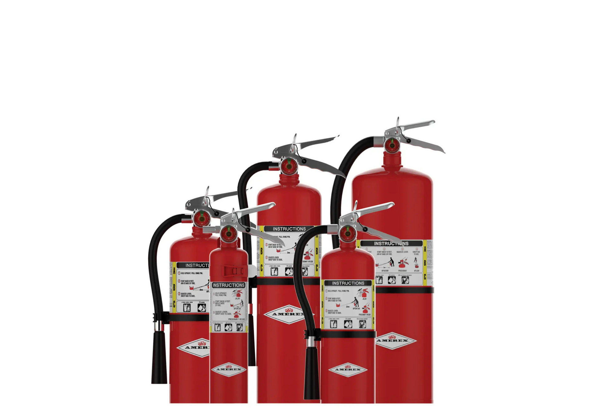 Four red fire extinguishers with black hoses arranged in a row on a white background
