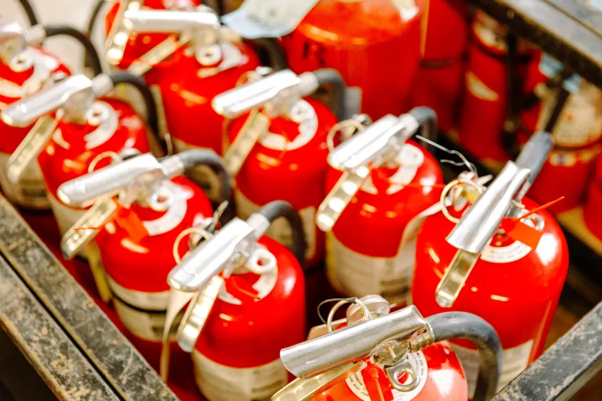 A bunch of red fire extinguishers are lined up in a row.
