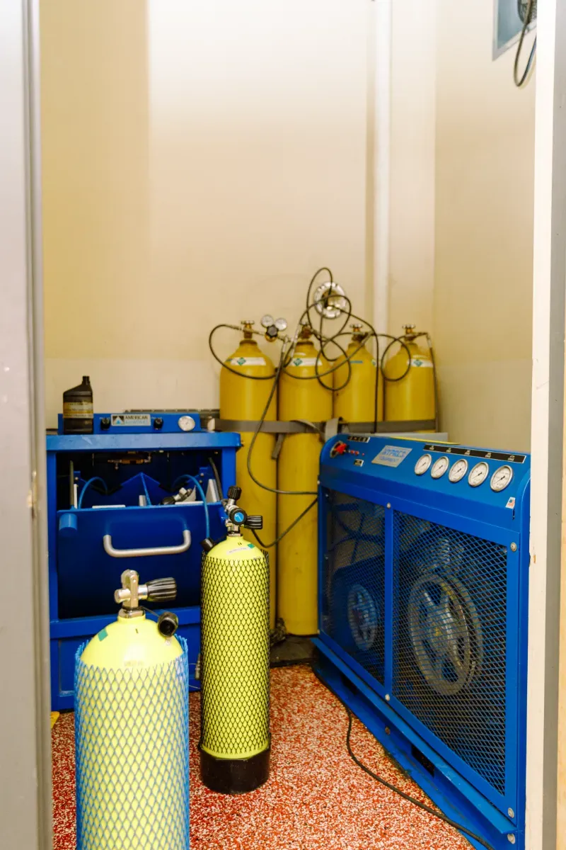 A room with a bunch of scuba tanks in it