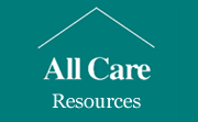 Logo for All Care Resources featuring white text on a teal background with a simple white house outline above.