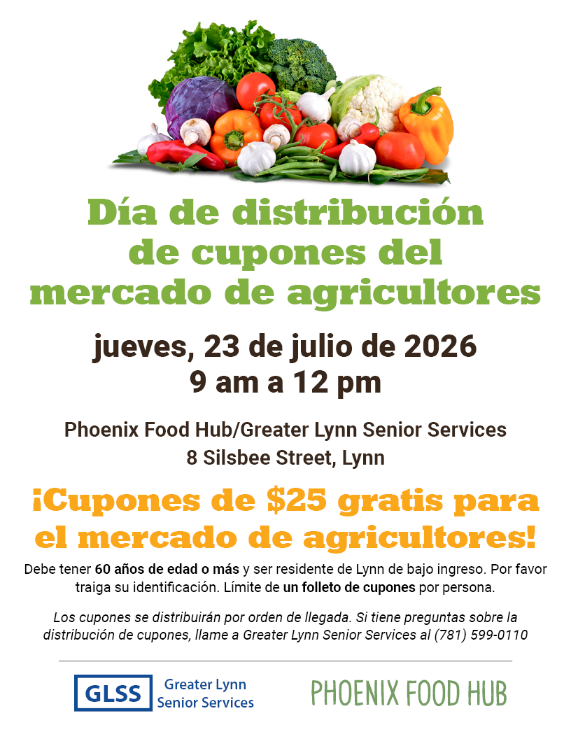 Cartel en español de cupones para el mercado de agricultores en Phoenix, 23 de julio de 2026, con verduras y logos.