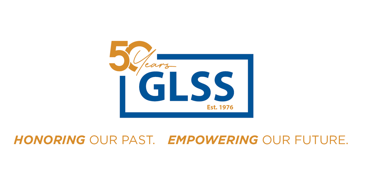 GLSS 50th anniversary logo with gold and blue text: “Honoring our past. Empowering our future.”