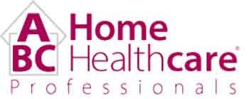 Logo for ABC Home Healthcare Professionals featuring dark red text and a house-shaped icon.