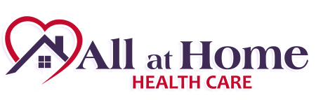 Logo for All at Home Health Care, featuring a house icon inside a red heart and the company name in dark purple text.