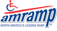 The blue Amramp logo features a red stylized wheelchair user icon above the text 