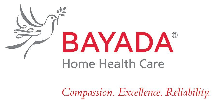 Logo for BAYADA Home Health Care, featuring a dove icon with a branch above the red text, and the motto below in italics.